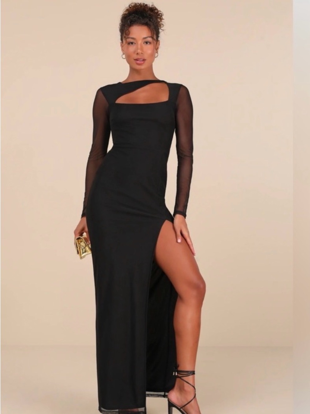 Lulu's Black Long Sleeve Mesh-Detail Maxi Dress